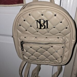 Badgley Mischka Quilted Beige Mini Backpack with Gold Logo